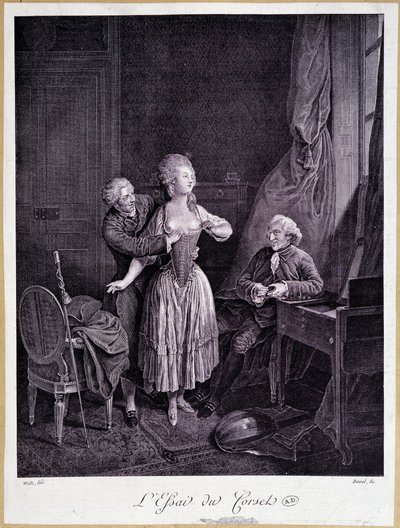 A fűző esszéje (két férfi és egy nő lecsupaszított mellekkel) - 18. metszet. alkotó: French School