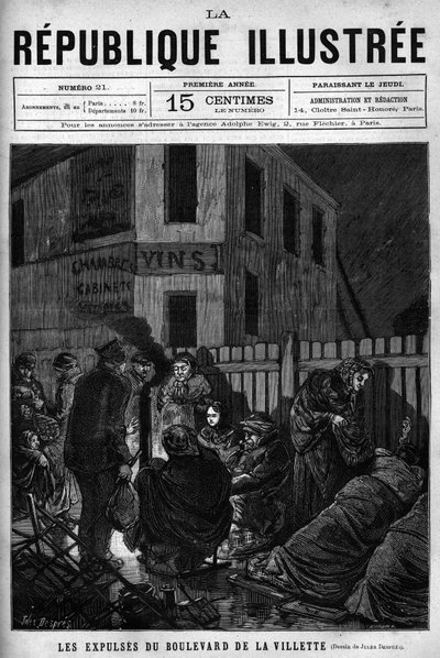 A Boulevard de la Villette kilakoltatása: egy párizsi városból kiutasított munkásoknak az utcán kell aludniuk (S.D.F.). Egy újság. Metszet 1880-ból a „La republique illustree”” magángyűjteményben. alkotó: French School