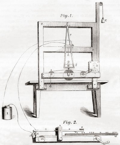Az első elektromos távíró, amelyet Samuel Morse talált fel 1837-ben, a Les Merveilles de la Science-ből, 1870 körül megjelent (metszet) alkotó: French School