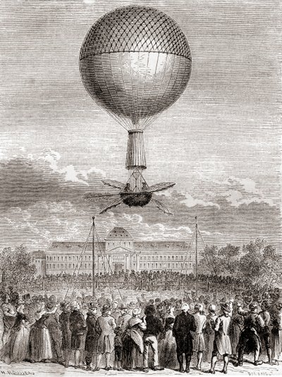 Jean-Pierre François Blanchard első sikeres ballonrepülése 1784. március 2-án, a franciaországi Champ de Mars-ból (Párizsból, Les Merveilles de la Science) felbocsátott hidrogéngáz-ballonnal, megjelent 1870 körül (metszet) alkotó: French School