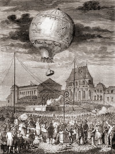 Az Aérostat Réveillon repülése 1783. szeptember 19-én a Montgolfier fivérek Versailles-ban (Franciaország) XVI. Lajos francia király és Marie Antoinette királynő előtt, a Les Merveilles de la Science-ből, megjelent 1870 körül (metszet) alkotó: French School