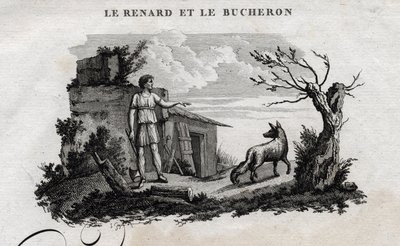 A róka és a favágó. Esope meséje. (Görög író Esopo vagy Ecopus, Kr. e. 6. század) Írta Guillaume Montfort és Gravees Beauble 1801-ben. alkotó: French School