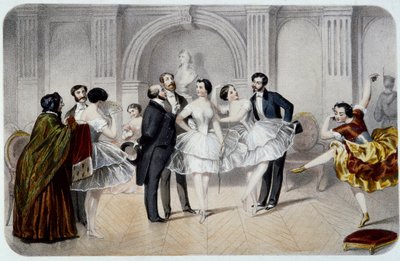Az Opera előcsarnoka (Opera Garnier Párizsban). Egy tuti táncos, aki üdvözölni jött urakkal beszélget, vagy pár lépést tesz táncolni. Metszés alkotó: French School