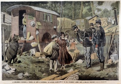 A csendőrség a cigánytáborokon keresztül keresi a párizsi külvárosban - 1907. 04. 21-én ""Pelerinben" - elkövetett támadások és rablások elkövetőit. alkotó: French School