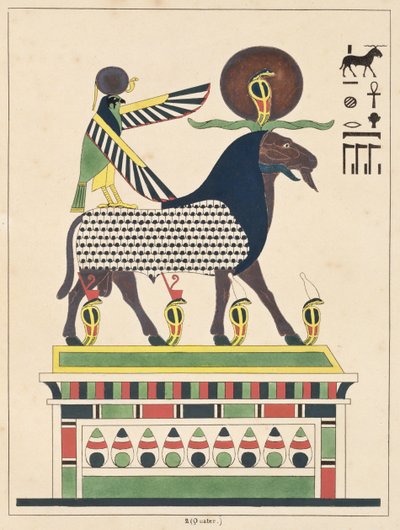 Amon-Ra isten, illusztráció az egyiptomi Pantheonból: Jean-Francois Champollion mitológiai szereplőinek gyűjteménye az ókori Egyiptomból, megjelent 1986 körül alkotó: French School