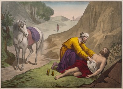 Az irgalmas szamaritánus, illusztráció az LHistoire Sainte katekizmusból, kiadó: Charles Delagrave, Párizs, 19. század vége alkotó: French School