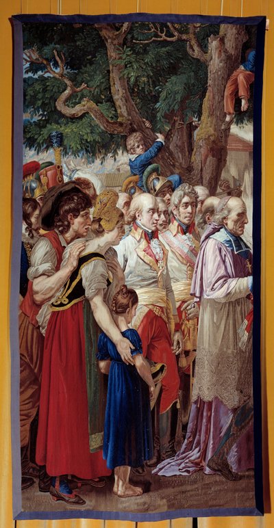Bécs kulcsainak átadása I. Napóleonnak (1769-1821) A császár 1805.11.14-én II. Habsburg Ferenc dezertált visszatért az osztrák fővárosba. Gobelinek műhely által készített gobelin. 1815. V. 3,35x1,72 m Malmaison, musee du chateau alkotó: French School