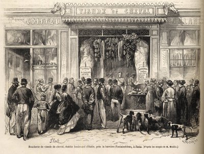 1866-ban nyílt meg a Fontainebleau-ban (Párizs) a lóhentesüzlet - hentesáru - Boucherie Meat de Cheval Boulevard Olaszország a Fontainebleau-i barrier közelében 1866) Metszet a „Le monde illustrious”-ban, 1866 alkotó: French School