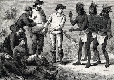 Peru lakói a maláriában szenvedő gyarmati európaiakat segítik Cinchonával (metszet) 1888 alkotó: French School