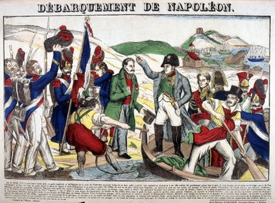 A partraszállás a Juan-öbölben: I. Napóleon 1815. március 1-jén tért vissza Franciaországba az Elba szigeti száműzetés időszaka után. Az Epinal képe alkotó: French School