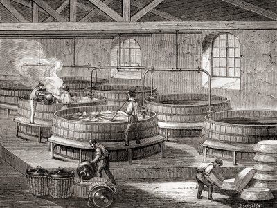 A szappangyártás nagy tartályokban a 19. században, a "Les Merveilles de la Science" című, 1870 körül kiadott könyvből (metszet). alkotó: French School