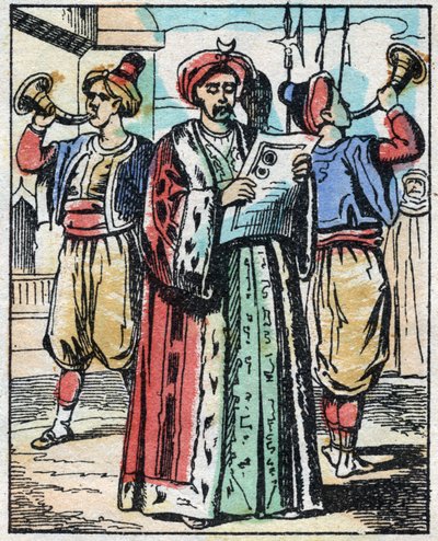 A szultán lányának és a nagyvezír fiának házasságát közolvasó jelenti be. Ezeregyéjszaka meséjének metszete „” Aladin és a csodálatos lámpa””. Epinális képalkotás, 19. század vége. Magángyűjtemény. alkotó: French School
