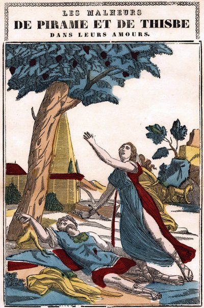 Pyramus (Pirame) és Thisbe szerelmi szerencsétlenségei, Ovidius „A metamorfózisok” című művében mesélt. Az Epinal képe alkotó: French School