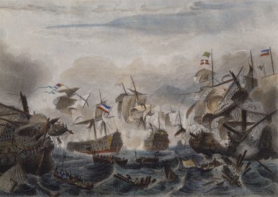 A La Hogue-fok tengeri csata 1692-ben, Chavanne metszet (színes rézkarc) alkotó: French School
