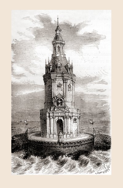 Az eredeti, 17. századi Cordouan világítótorony, a Gironde-torkolat torkolatának közelében Franciaországban, a „Les Merveilles de la Science”-ből, 1870 körül megjelent (metszet) alkotó: French School