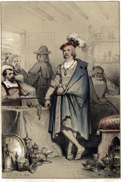 Albert (Albrecht) Durer (1471-1528) festőművész, a nürnbergi aranyfüves Josef Durer fia, aki meggazdagodott, visszatér apja házába, és újra felhasználja az összes eladni kényszerült művet. Tányér a „” Scenes de la vie des hommes híres”””-ből vett e alkotó: French School