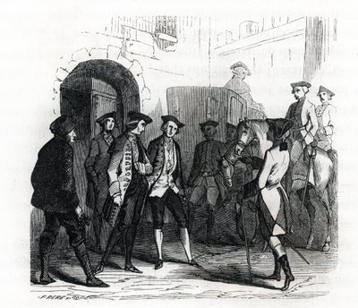 A Vincennes-i foglyokat 1784-ben szállították át a Bastille börtönébe - (metszet) 1846 alkotó: French School