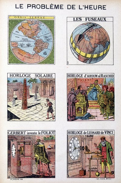 A kor problémája: Orbis Terrea, az orsó, napóra, Aroum Al Racshid órája, Gerbert feltalálja a Foliot, Leonardo da Vinci órája (Leonardo da Vinci) - metszet, deb. 20. század alkotó: French School