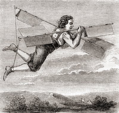 Jacob Besnier francia lakatos állítólagos repülése egy saját tervezésű repülő szerkezet segítségével 1678-ban, a "Les Merveilles de la Science" című, 1870 körül kiadott könyvből (litográfia). alkotó: French School
