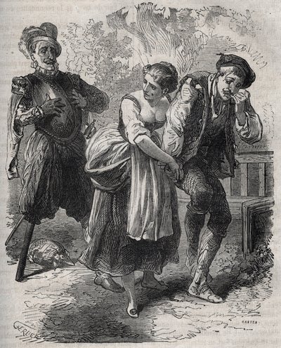 Martin Guerre visszatérése (1524 körül, 1560 körül): megjelent felesége, Bertrande de Rols és a személyazonosságát bitorló, Arnaud du Tilh (Thil) csaló előtt. Metszet 1871-ből Henry de Kock „Histoire Des Cocus Celebres” című könyvébe (1819) alkotó: French School