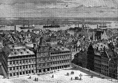 A Scheldt folyó Antwerpen kikötőjéből, Belgiumból nézve. Metszet a „Le Journal de la jeunesse”-ben alkotó: French School
