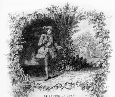 A rózsa gomb. Egy magányos és romantikus fiatalember egy kertben, melynek aljában egy fiatal nőt Ámor vesz körül. Gravírozás „” Chants et chansons populaire de la France””, 2. kötet alkotó: French School
