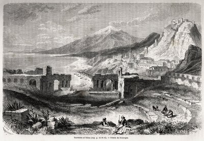 Taormina (Tauromenium) ókori színházának romjai a Taurus-hegy lábánál, kilátással a modern Giardini falura és az Etnára, Adolphe Rouargue (1810-187?) és Emile Rouargue (kb. 1795-1865) rajza Felix illusztrálására Bourquelot utazása alkotó: French School