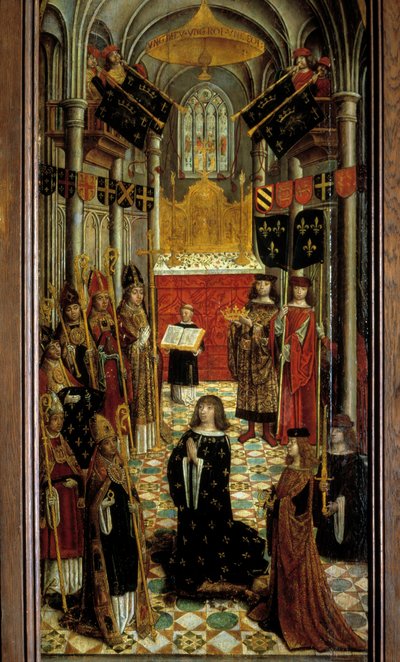 XII. Lajos (1462-1515) szentsége a reimsi székesegyházban 1498. május 27-én. Festmény a 16. századi francia iskola fára. 1501. Dim. 1,95x0,5 m. Párizs, Középkori Nemzeti Múzeum, Thermes de Cluny alkotó: French School