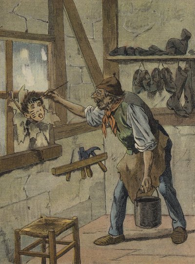 A cipész a kis Jeannot figuráján jelölte az órákat (színes litográfia). alkotó: French School