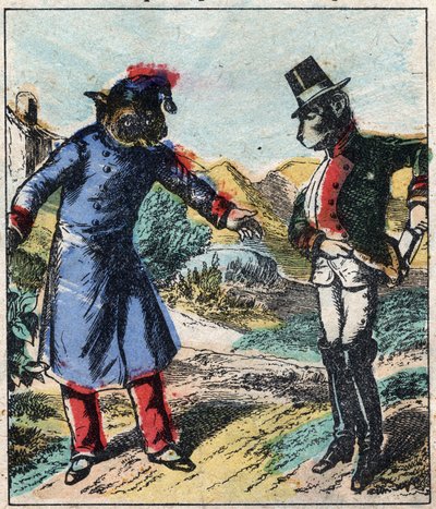 A beteg oroszlán és a róka. Jean de La Fontaine (1621-95) meséi. Epinális képalkotás a 19. század végéről. alkotó: French School