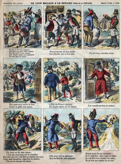 A beteg oroszlán és a róka. Jean de La Fontaine (1621-95) meséi. Epinális képalkotás a 19. század végéről. alkotó: French School