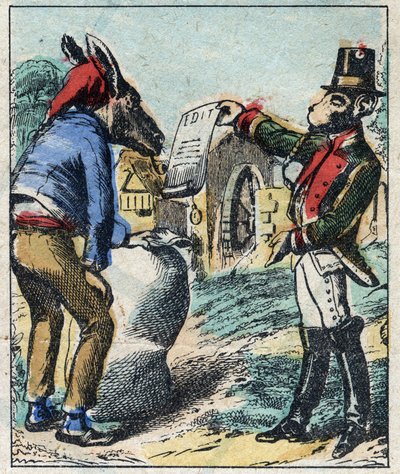 A beteg oroszlán és a róka. Jean de La Fontaine (1621-95) meséi. Epinális képalkotás a 19. század végéről. alkotó: French School