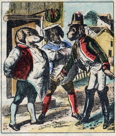 A beteg oroszlán és a róka. Jean de La Fontaine (1621-95) meséi. Epinális képalkotás a 19. század végéről. alkotó: French School