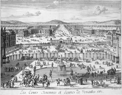 Versailles istállói és kapui a palotából nézve, 1683 alkotó: French School