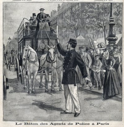 A párizsi rendőrök botja, hogy szabályozzák a forgalmat a főváros utcáin, a "Le Petit Parisien"-ben alkotó: French School