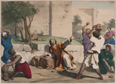 Szent István megkövezése, illusztráció az LHistoire Sainte katekizmusból, kiadó: Charles Delagrave, Párizs, 19. század vége alkotó: French School