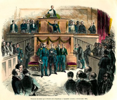A köztársaság elnökének hivatalosan kikiáltott III. Lajos Napóleon (Louis-Napoleon) esküt tett az 1848. december 20-i nemzetgyűlésen. Megfogadja, hogy „hű marad az egy és oszthatatlan Demokratikus Köztársasághoz, és teljesíti mindazt, alkotó: French School