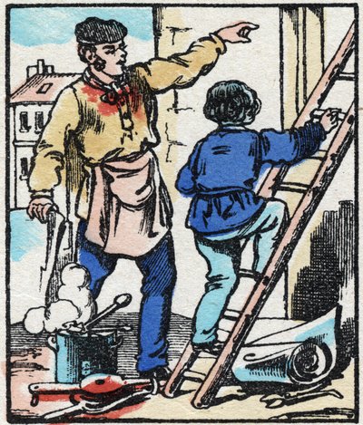 A bizsergő. Metszet a „La chanson des metier”-ben. Epinális képalkotás, 19. század vége. Magángyűjtemény alkotó: French School