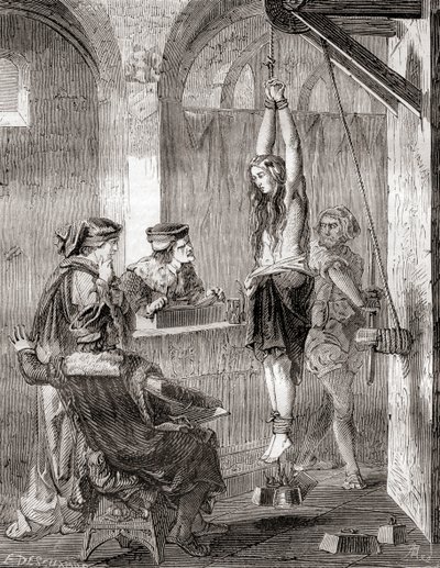 Egy boszorkánysággal vádolt nő kínzása a középkorban, a Les Merveilles de la Science-ből, megjelent 1870 körül (litho) alkotó: French School