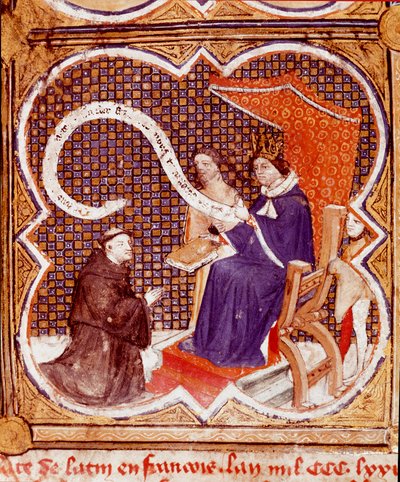 A fordító felajánlja könyvét V. Károly királynak (1338-1380) Az angol Barthelemy „Le livre des proprietes des choses” (De proprietatibus rerum) című miniatúrája, John Corbichon fordításában. 15. század. Reims, Városi Könyvtár alkotó: French School