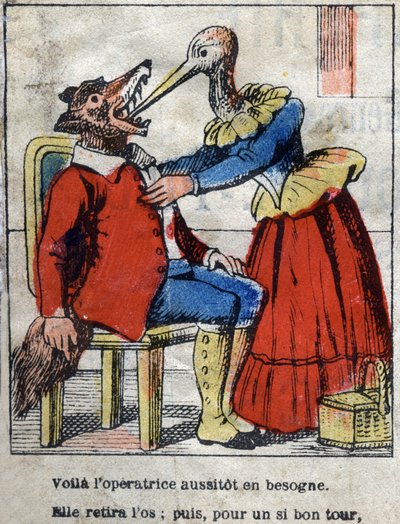 A farkas és a gólya. Jean de La Fontaine (1621-95) meséi. Epinális képalkotás a 19. század végéről. alkotó: French School