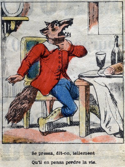 A farkas és a gólya. Jean de La Fontaine (1621-95) meséi. Epinális képalkotás a 19. század végéről. alkotó: French School