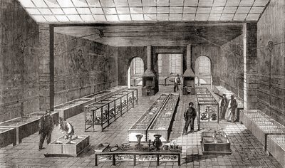 A vegyi fürdőket tartalmazó műhely Charles Christofle galvanizáló üzemében, Párizsban, Franciaországban 1867-ben, a Les Merveilles de la Science-ből, 1870 körül megjelent (metszet) alkotó: French School