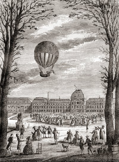 A világ első emberes hidrogénballonos repülése a párizsi Champs de Mars felett 1783. december 1-jén, Nicolas-Louis Robert és Jacques Charles professzor vezetésével, a Les Merveilles de la Science című, 1870 körül megjelent kötetből (metszet). alkotó: French School