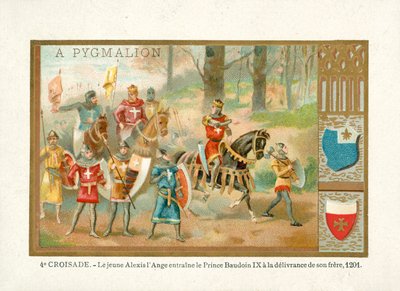Az ifjú Alexios IV Angelos elhozza Baldwin IX-et, Flandria grófját, hogy felszabadítsa testvérét, a negyedik keresztes hadjáratot. alkotó: French School