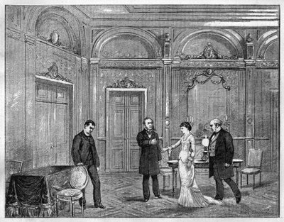 Színházi ábrázolás: „” Jean Beaudry” – Auguste Vacquerie (1819-1895). 4. felvonás. Párizs, Theater Francais (Comedie Francaise). Metszet 1880-ból a „The Illustrious Republic”” magángyűjteményben. alkotó: French School