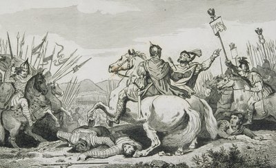 Theodorik megölték az Attila elleni csatában, Chalons közelében, Colart „Histoire de France” című művéből, amely 1840 körül jelent meg. alkotó: French School