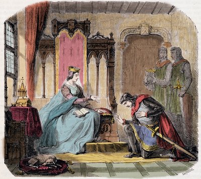 IV. Thibault of Champagne (1201-1253) (más néven I. Navarrai Thibault) a kasztíliai Blanche királynő lábaihoz érkezett, hogy figyelmeztesse őt a veszélyre – de Genouillac „Paris a travers les cuecles” című művében. alkotó: French School