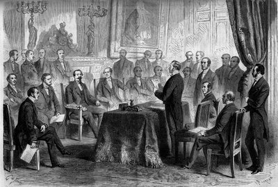 Harmadik Köztársaság: az Államtanács ülése a Tuileriákban III. Napóleon (1808-1873) és báró Eugene Georges Haussmann, Párizs prefektája (1809-1891) jelenlétében. Metszet a „” Le Monde Illustré”” 291. számában, 1862. november 8. alkotó: French School