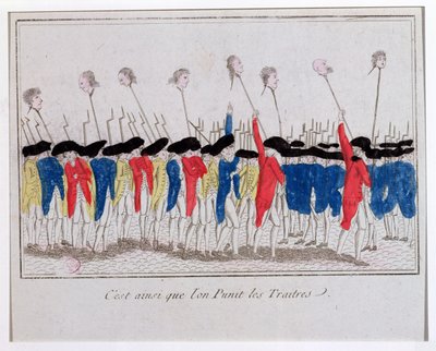 Így büntetik az árulókat, a sans-culotteseket, akik a guillotinozott fejét cipelik, 1789 alkotó: French School